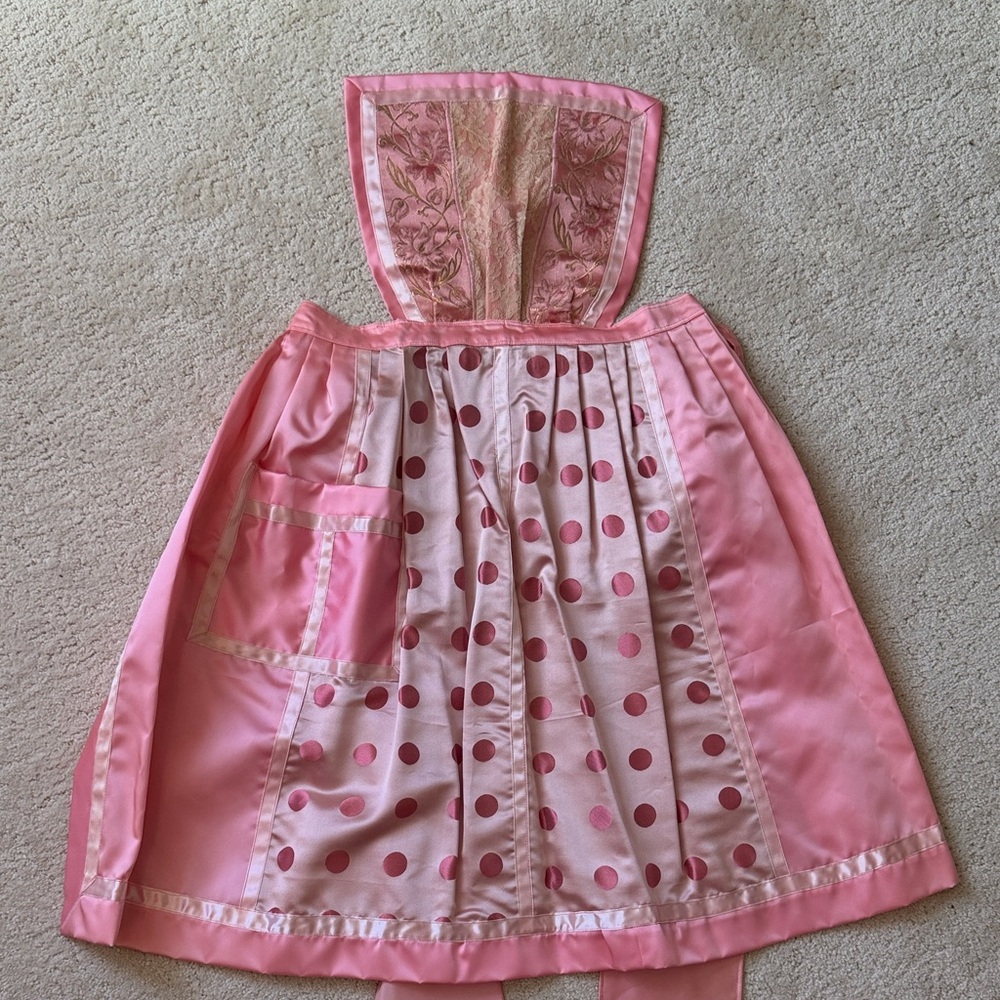 Vintage 1950s Pink Polka Dot Sateen Pinafore Apron